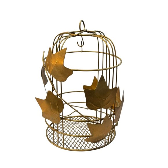 Gold Metal Birdcage With Decorative Leaf Accents For Home Decor Or Display - Picture 8 of 11